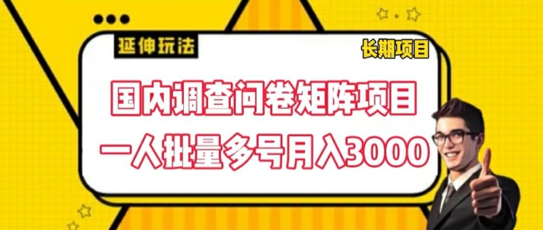 国内调查问卷矩阵项目，一人批量多号月入3000副业项目课程-副业赚钱项目-副业赚钱创业-手机赚钱副业-挂机项目-鹿图社副业网-资源网-无人直播-引流秘籍-电商运营鹿图社